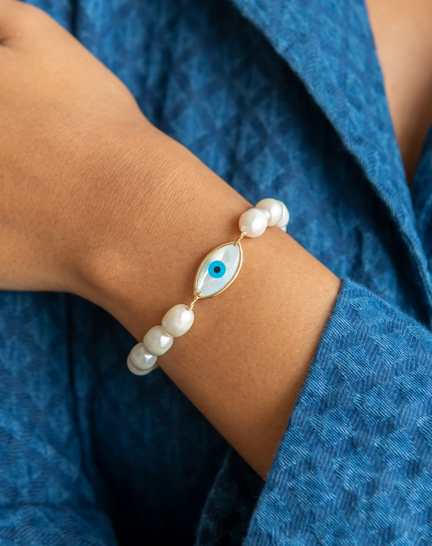 Evil Eye Pearl Bracelet 18KT Gold Beaded Bracelet STAC Fine